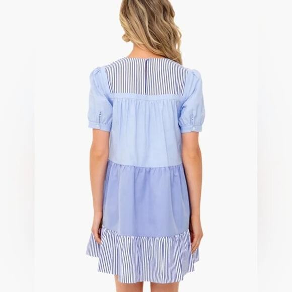 Pomander Place Tuckernuck Quinn Short Puff Sleeve Tiered Mini Dress Blue Small - Picture 2 of 7